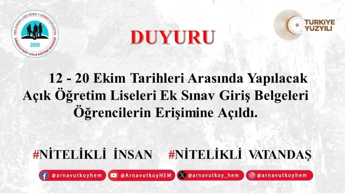        12 - 20 Ekim Tarihleri Arasında Yapılacak Açık Öğretim Liseleri Ek Sınav Giriş Belgeleri Öğrencilerin Erişimine Açıldı